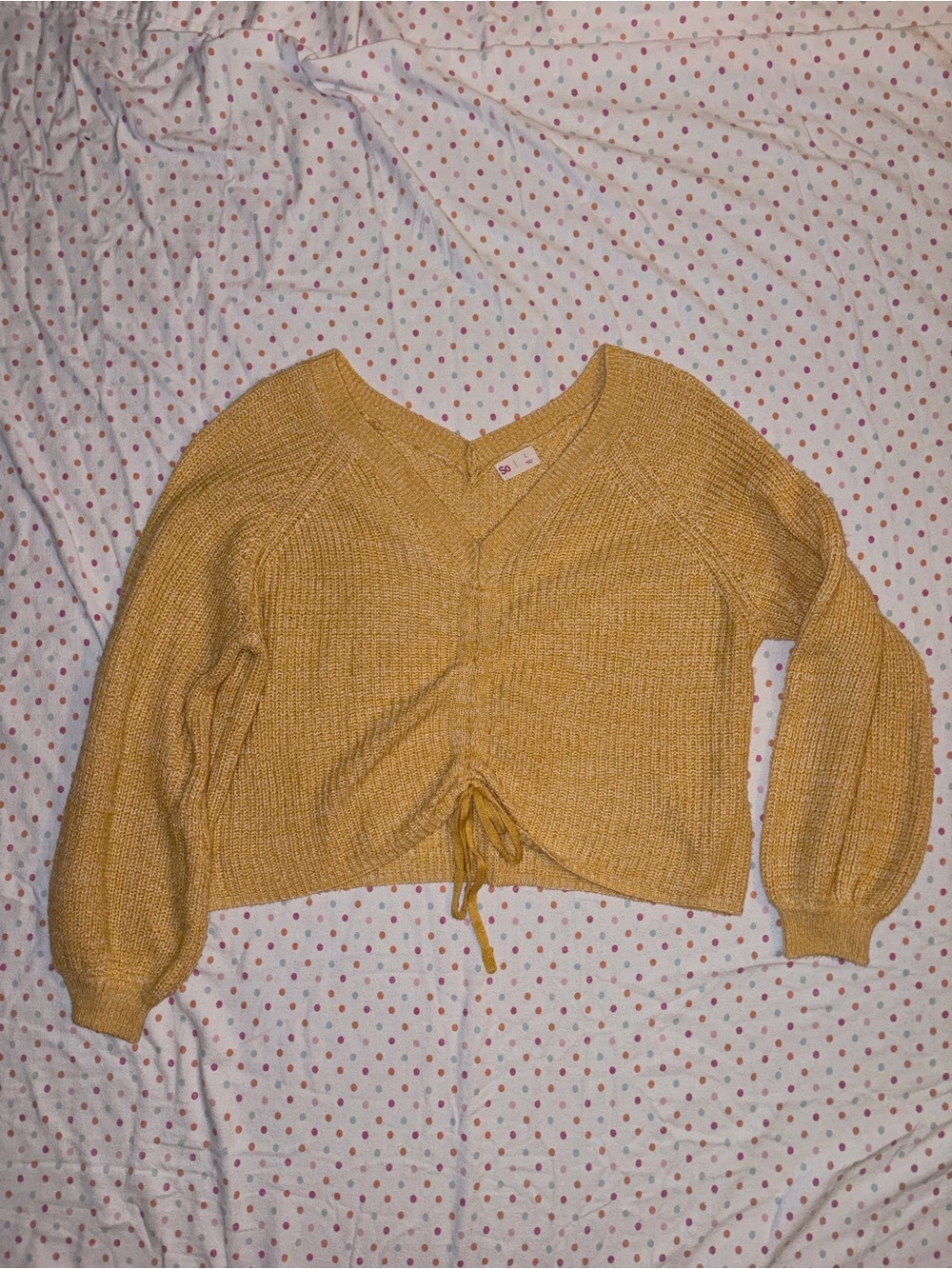 SO Mustard Yellow Cropped Sweater Size Large Balloon Sleeve Cinched Front